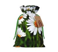 S Reusable Christmas Bag - White Daisy Flowers Print Drawstring Gift Pouch for Holiday, Birthday, and Wedding Presents