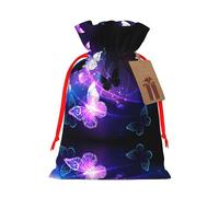 S Reusable Christmas Bag - White Purple Butterflies Full Print Drawstring Gift Pouch for Xmas, Holiday, Party, Wedding, Birthdays