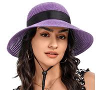 S.ROMZA Sun Straw Hat for Women with Wind Lanyard Wide Brim Foldable Beach Summer Hats Womens UV 50+ Protection Bowknot Cap (Light Purple)