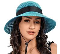 S.ROMZA Sun Straw Hat for Women with Wind Lanyard Wide Brim Foldable Beach Summer Hats Womens UV 50+ Protection Bowknot Cap (Sky Blue)