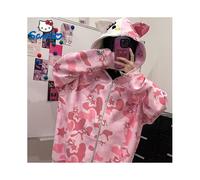 (S) Sanrio Hello Kitty Camo Pink Cotton Hooded Embroidered Sweatshirt Women's Loose Zipper Coat Fashion Streetwear Hoodies Clothes