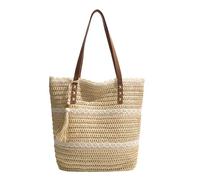 ' S Straw Woven Tote Bag Fringe Shoulder Handbag, Lightweight Beach Bag with Polyester Lining, Spaciou Elegant Women ' S, Beige, Mass Beauty