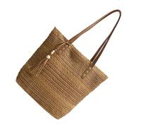 ' S Straw Woven Tote Bag Fringe Shoulder Handbag, Lightweight Beach Bag with Polyester Lining, Spaciou Elegant Women ' S, Khaki, Mass Beauty
