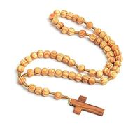 S-TROUBLE Wooden Grain Beads Jesus Cross Rosary Necklace Carved Rosary Pendant Christian Wood color