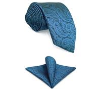 S&W SHLAX&WING Dark Teal Blue Necktie and Pocket Square Set for Men Paisley Tie and Handkerchief Combo Wedding Skinny 2.36"