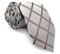 S&W SHLAX&WING Necktie for Men Beige Brown Checkered Tie Satin Regular Formal Classic Size 57.5"×3.15"