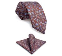 S&W SHLAX&WING Necktie for Men Red Medium Vermillion Blue Floral Tie Set with Pocket Square Party XL Extra Long 63"