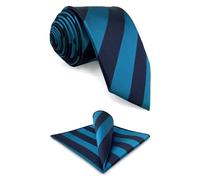 S&W SHLAX&WING Striped Necktie Pocket Square Set for Men Deep Blue Cerulean Stripes for Business Extra Long 63"