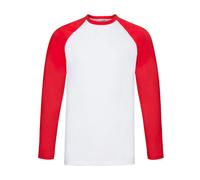 (S, White/Red) Fruit of the Loom Mens Baseball Long-Sleeved T-Shirt