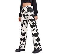 (S) Women's Cow Print Denim Pants Boho Wide Leg Pants