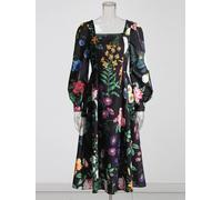 s-XL Flower Print Dress Square Collar Long Sleeve High Waist Women's Summer Wear