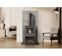 S1 Bio Ethanol Stove with Log Storage in Charcoal Grey & Tall Angled Stove Pipe OKO Bio Ethanol Fires Black One Size