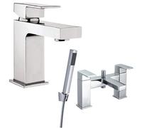 S12 Square Basin Tap Pair & Bath Shower Mixer Set Chrome Lever Taps with Handset Hose Brass Kit