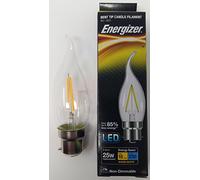 S12853 Energizer Filament LED Candle Bulb 2.4W/25W 250Lumen Warm White BC B22 Push in Bent Tip Pack of 2