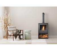 OKO S3 Bio Ethanol Stove with Log Storage in Charcoal Grey & Tall Angled Stove Pipe