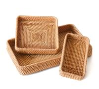S310 Rattan Serving Tray, Set of 3 Rectangular Woven Tray, Natural Wicker Decorative Serving Baskets for Organizing Tabletop Bathroom Kitchen Counter (Natural)