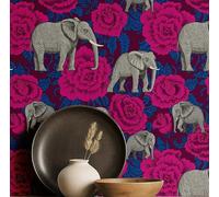 S4Sassy Elephant with Rose Wallpaper - Asian Style Wall Covering, 25" X 120" Self-Adhesive Textured Vinyl Walls Paper, Decorative Wallwrap, Easy DIY Walls Covering for Bedroom, Living Room - Pink