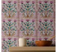 S4Sassy Removable Art Deco Tile Waterproof Wall Wrap, Textured Finish Tree of Life Wallcover, Pink Contact Paper for Backsplash, Kitchen, Self Adhesive Vinyl Wallpaper Roll, DIY Decor- Pink-25"x120"
