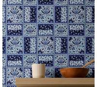 S4sassy Removable Mosaic Tile Waterproof Wall Wrap, Textured Finish Tile Wallcover, Paisley Panel Print Contact Paper for Backsplash, Kitchen, Self Adhesive Vinyl Wallpaper Roll - Blue - 25"x360" inch