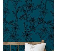 S4Sassy Removable Nature-Inspired Waterproof Wall Wrap, Textured Finish Wallcover, Lily Sketch Print Contact Paper for Walls, Cabinets, Dresser, Self Adhesive Vinyl Wallpaper Roll- Blue (25"x240")