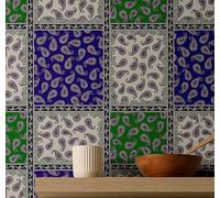 S4Sassy Removable Square Tile Waterproof Wall Wrap, Paisley Block Print Wallcover, Blue Contact Paper for Backsplash, Kitchen, Self Adhesive Vinyl Wallpaper Roll, DIY Home Decor - Blue-25"x120" inch