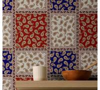 S4Sassy Removable Square Tile Waterproof Wall Wrap, Paisley Block Print Wallcover, Red Contact Paper for Backsplash, Kitchen, Self Adhesive Vinyl Wallpaper Roll, DIY Home Decor - Red-25"x60" inch