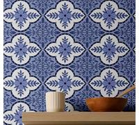 S4Sassy Removable Vintage Style Waterproof Wall Wrap, Wallcover, Mosaic Tile Print Contact Paper for Backsplash, Kitchen, Self Adhesive Vinyl Wallpaper Roll, DIY Home Decor - Blue - 25"x360" inch