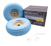 S4U 2x10” Sack Barrow Wheels Hand Truck Trolley Wheels Cart Solid Wheelbarrow Wheel 3.5-4 PU Heavy Duty Puncture Proof Trolley Wheels 16mm Bearing Wheel Nylon locking nuts (Baby Blue)