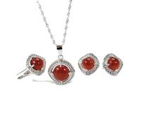 S925 Fashion Sterling Silver Necklace Opening Ring Loops Feminist Set Rhinestone Agate Red Classic Retro Charm Creative Gift, LJBLEUSK
