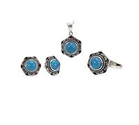 S925 Fashion Sterling Silver Necklace Opening Ring Loops Set Jewelry Women's Flower Turquoise Blue Classic Classic Retro Charm Creative Gift, LJBLEUSK