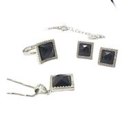 S925 Fashion Sterling Silver Necklace Opening Ring Loops Set Women's Jewellery Black Geometric Square Agate Classic Retro Charm Creative Gift, LJBLEUSK