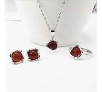 S925 Fashion Sterling Silver Necklace Opening Ring Loops Set Women's Jewellery Round Red Agate Classic Retro Charm Creative Gift, LJBLEUSK