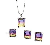S925 Fashion Sterling Silver Necklace Opening Ring Loops Set Women's Jewellery Yellow Violet Crystal Rectangle Classic Retro Charm Creative Gift, LJBLEUSK