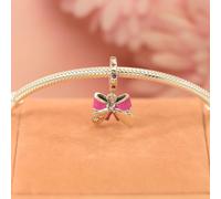 S925 Silver bow pendant a Barbie pink series girlish Pandora Style