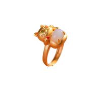 S925 Silver Gold-Plated Natural Hetian White Jade Fortune Cat Ring (Adjustable Opening) for Women Genuine