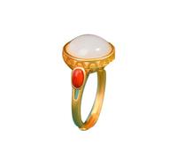 S925 Silver Gold-Plated Natural Hetian White Jade Round Egg Face with Southern Red Ring (Adjustable Opening) for Women Genuine