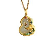 S925 Silver Gold-Plated with Natural Hetian Jade Gourd Danding Crane Necklace Pendant (Free Chain) for Women Yoga