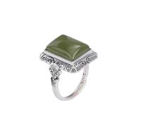 S925 Silver Inlaid Natural Hetian Cyan Jade Square Ring for Women