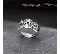 S925 Silver Vintage Handmade Five Emperor Coin Open Ring Auspicious Ruyi,Bring Big Money,Change Luck Amulet (Ring Size : Resizable)