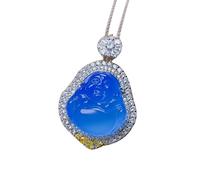 S925 Silver with Natural Blue Chalcedony Maitreya Buddha Pendant Necklace (with Chain) 1