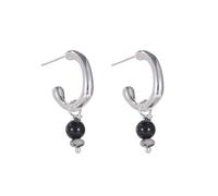 S925 Silver with Natural Jade C-Shaped Black Round Beads Ear Studs Earrings for Women Yoga Genuine