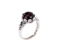 S925 Silver with Natural Red Amber Lotus Leaf Round Bead Ring (Adjustable Opening) Ring for Women Genuine Jade
