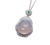 S925 Silver with Natural White Chalcedony Maitreya Buddha Pendant Necklace (with chain)