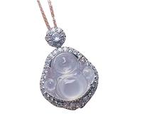S925 Silver with Natural White Chalcedony Maitreya Buddha Pendant Necklace (with Chain)