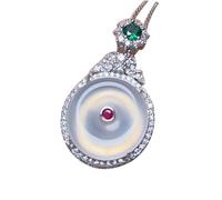 S925 Silver With Natural White Chalcedony Ping An Buckle Pendant Necklace (With Chain)