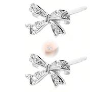 S925 Sterling Silver Bow Earrings, Tiny Stud For Women, Cute Bowknot Stud Earrings With Zircon 9mm, Hypoallergenic Silver Stud Earrings For Teens Girls Valentines Day Gift
