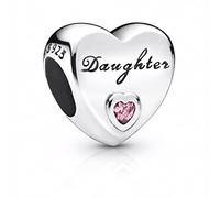 S925 Sterling Silver Daughter Heart Charm fits Pandora Moments Bead Charms Bracelet Gift for Women (Pink)