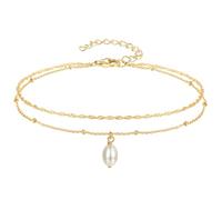 S925 Sterling Silver Layered Anklets for Women Tarnish 14K Gold Plated Multilayer Women Anklet Jewelry Pearl Moss Agate Turquoise Charm Pendant Adjustable, Medium, Sterling Silver, Assorted Gemstones