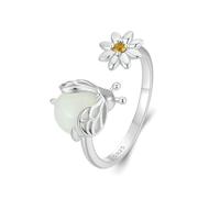 S925 Sterling Silver Luminous Firefly Open Ring, Daisy Ring For Women, Bee Daisy Adjustable Open Ring With Yellow Zircon, Glow-in-the-Dark Firefly/Bee Adjustable Ring, Flower Rings, Animal Rings
