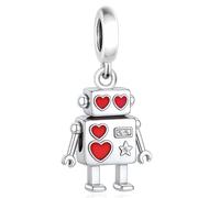 S925 Sterling Silver Mechanic Robot Charms, The Couple Robot Dangle Charm Suitable for Pandora Bracelet Jewelry Valentine's Day Gift (Red Heart Robot Charm 4377)